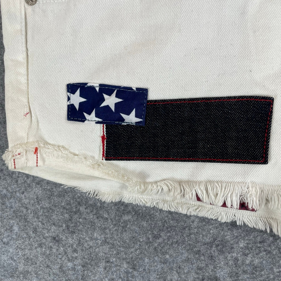USA Flag Patch Denim Cutoff Shorts Womens L Selvedge Festival Y2K - Picture 8 of 12